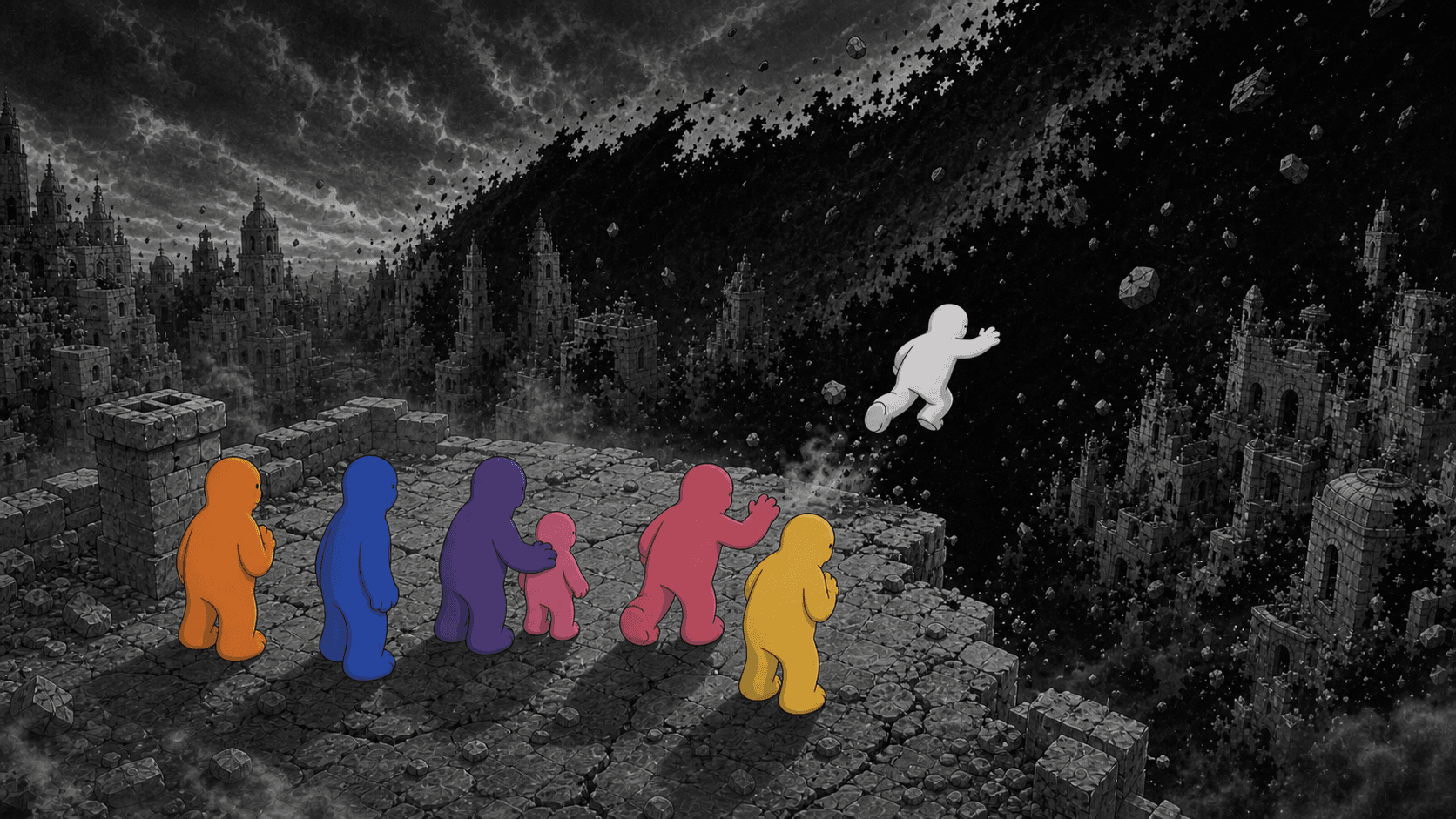 Colored Runners watch BIWL leap toward a dark, crumbling city.