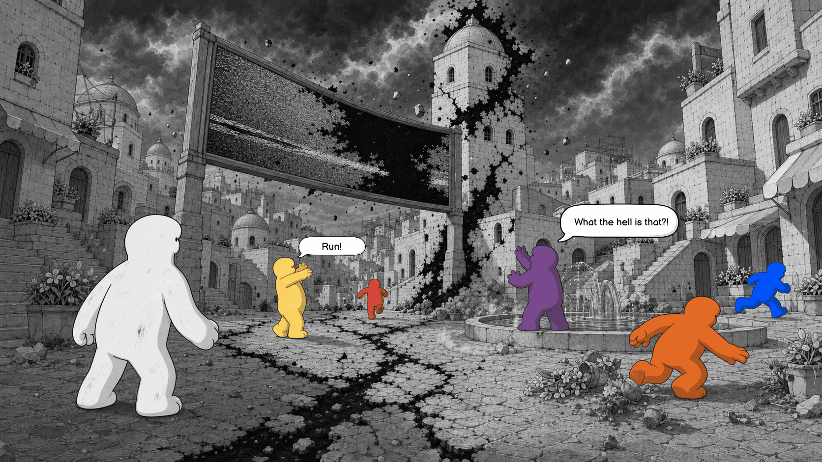 A dark force tears through the city and sends everyone running.