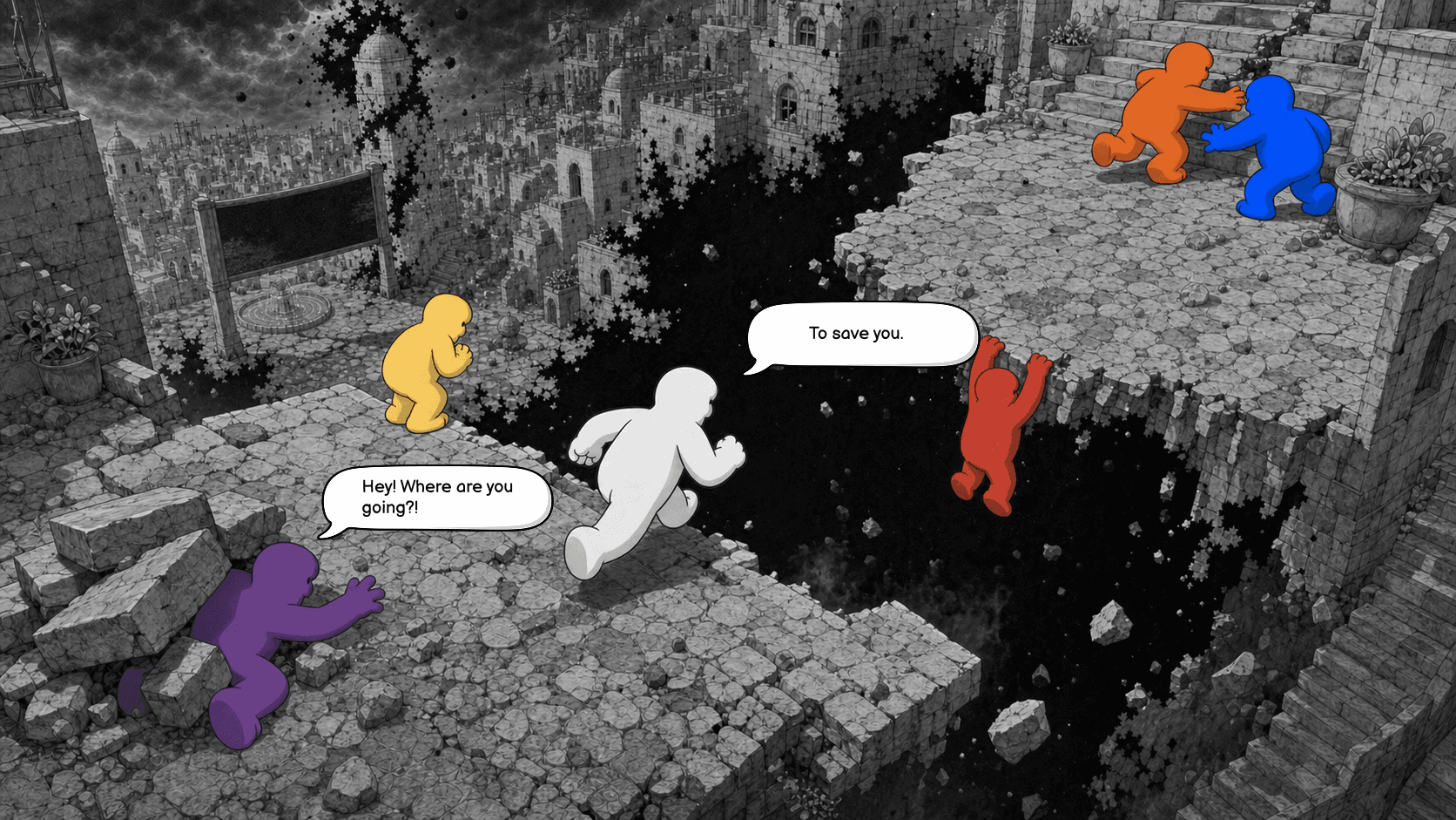 BIWL runs toward the danger while the other Runners scatter.