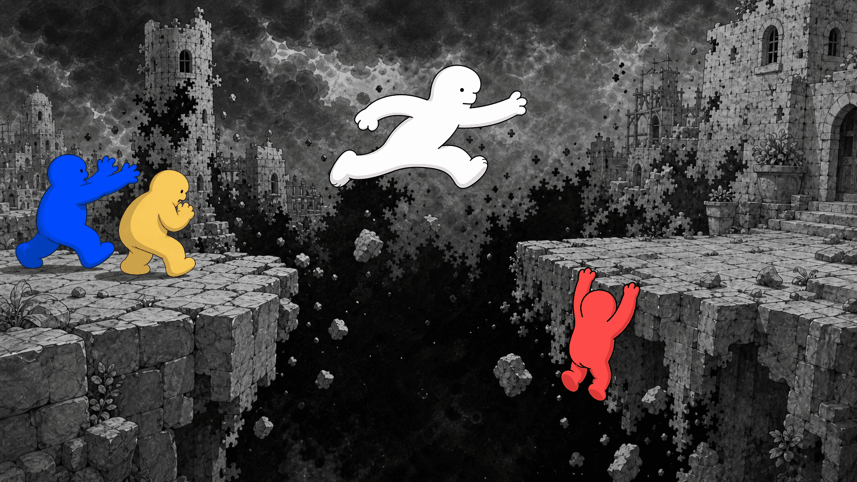 BIWL jumps across a broken chasm to reach a falling Runner.