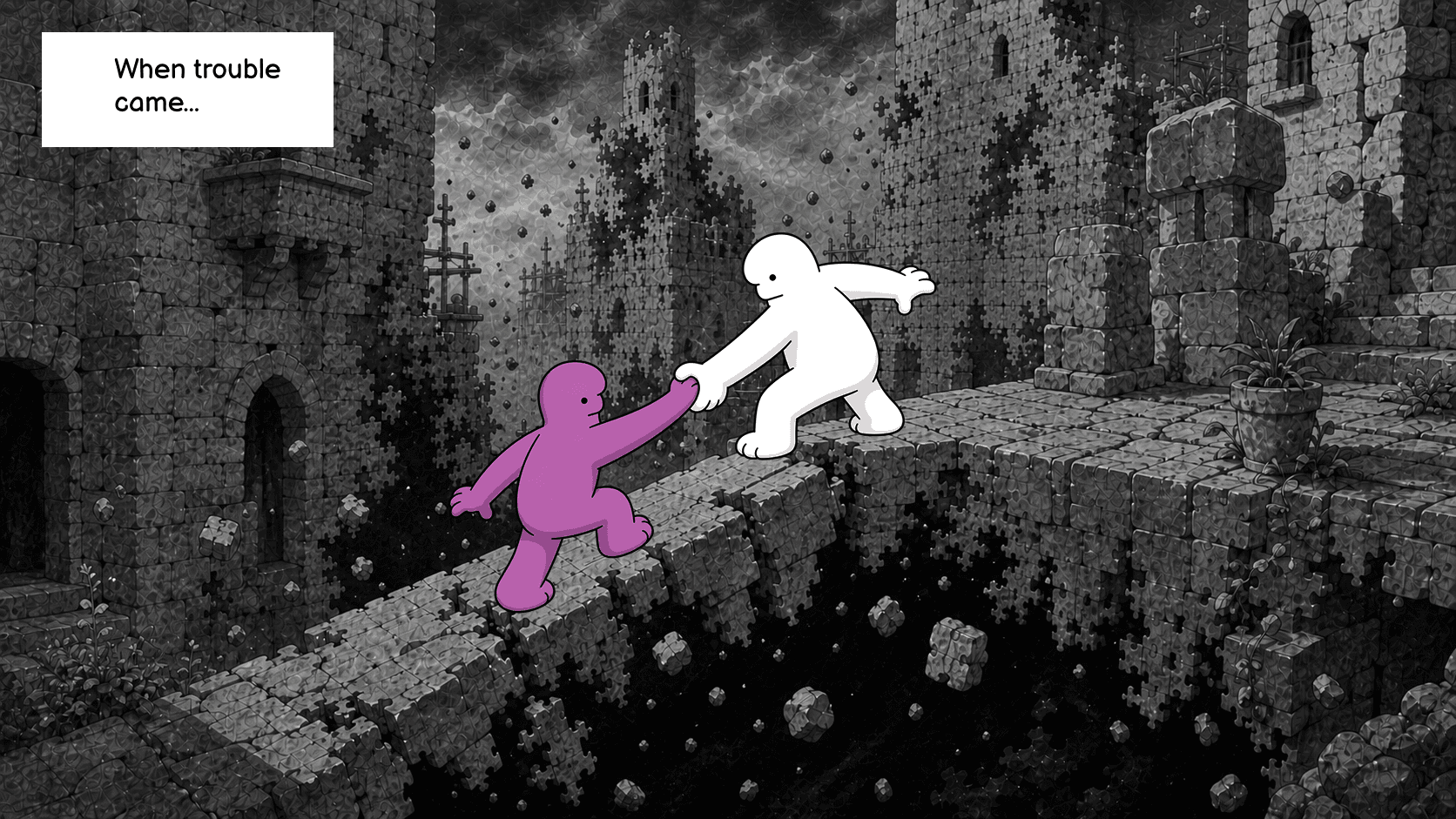 When trouble comes, BIWL reaches across a broken bridge to pull a purple resident to safety.