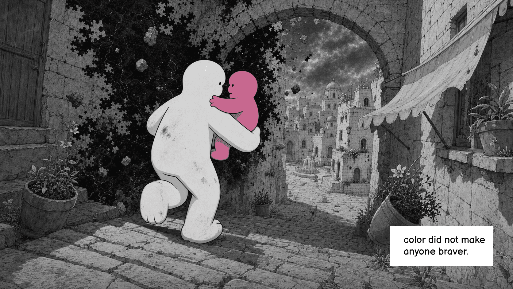 BIWL carries a pink resident away from the darkness swallowing the city.