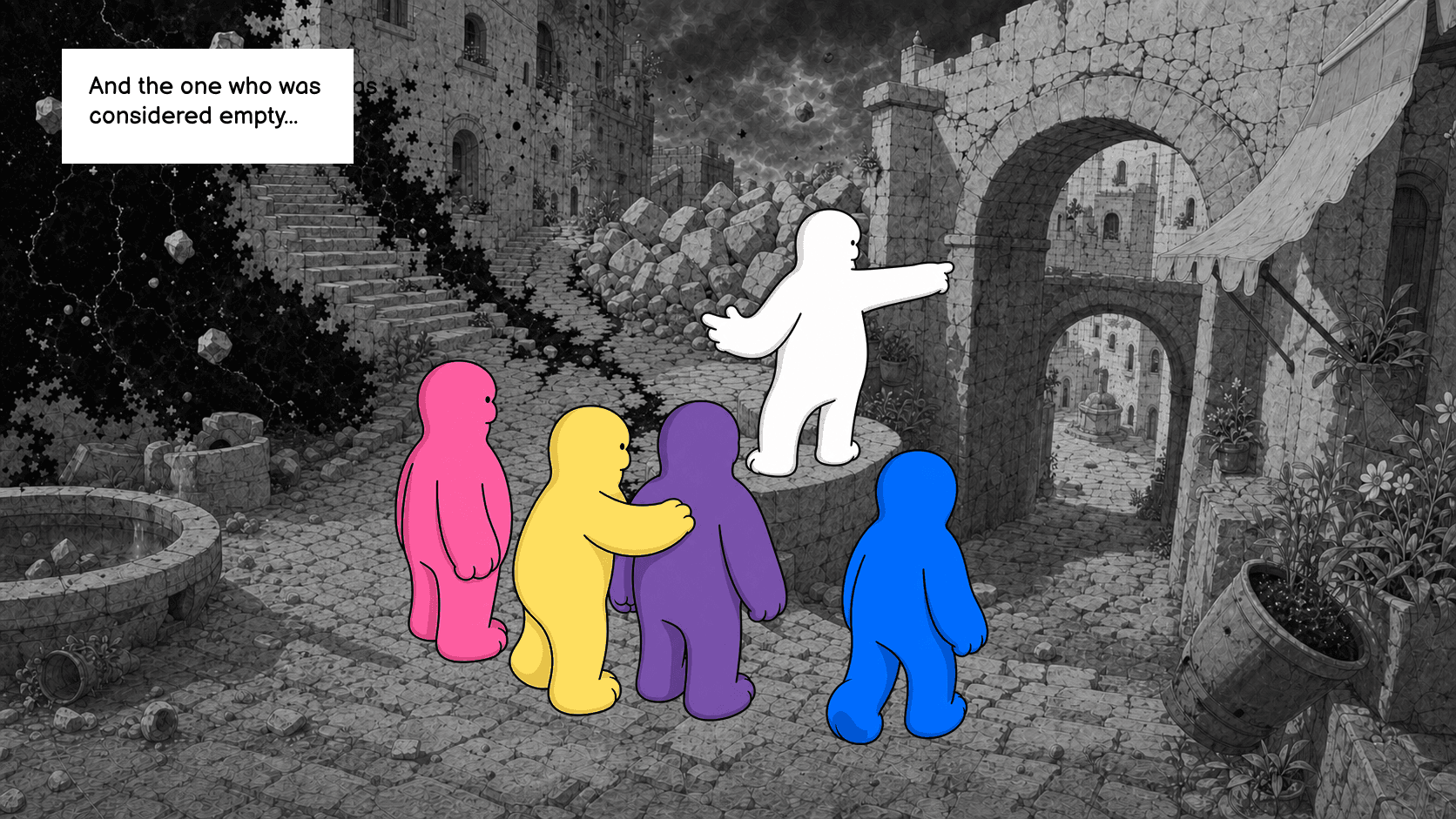 The colored residents follow as BIWL points toward a path through the ruined city.