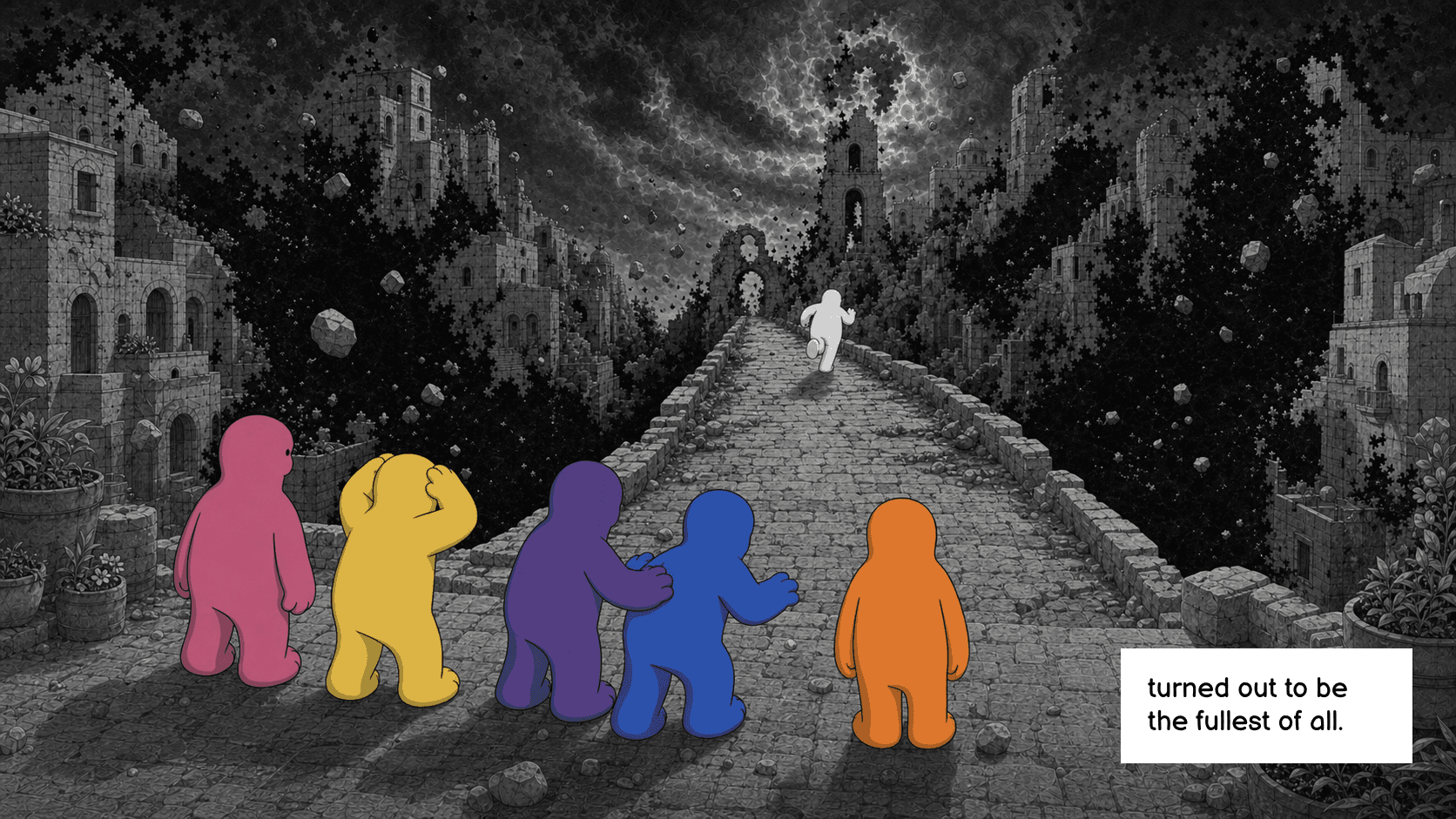 The colored residents watch BIWL run alone across the bridge into the darkness.
